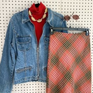 Vintage plaid skirt, zip up denim jacket, red turtle neck